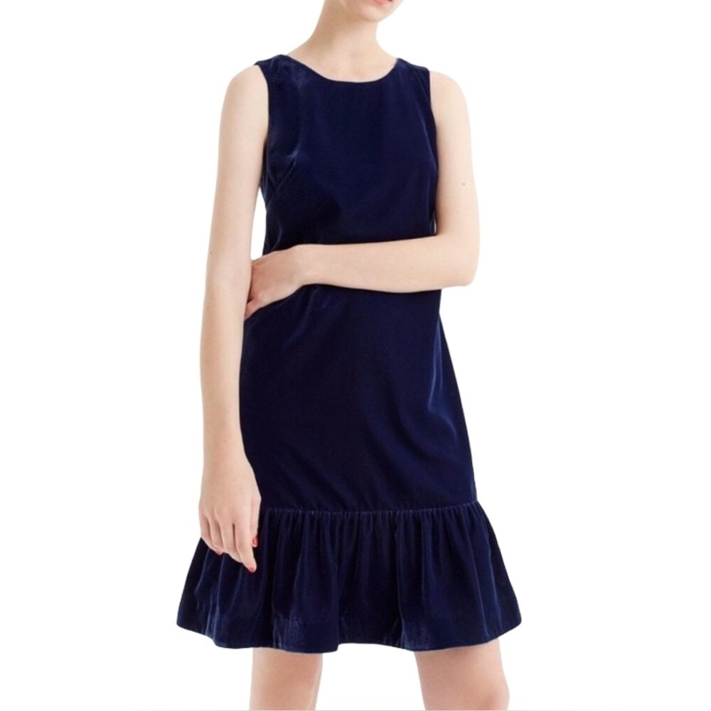 J.Crew‎ Velvet Ruffle Hem Shift Dress Women’s Size 4 Navy Blue Sleeveless